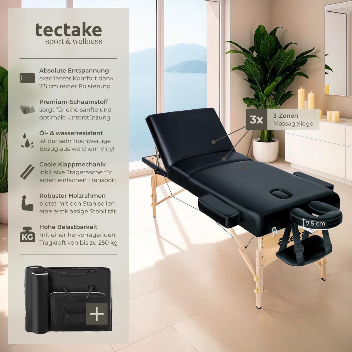 MASSAGELIEGE 3 Zonen Somwang,218 x 102 x 90 cm,schwarz - Schwarz, Holz (102/90/218cm) - tectake