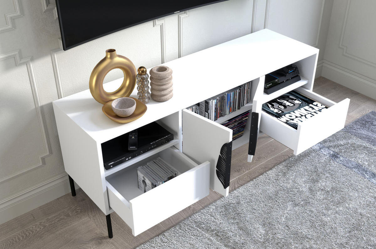 LOWBOARD Merlin, Weiß, Schwarze Details - Schwarz/Weiß, Holzwerkstoff/Metall (138/60/40cm) - Skandica