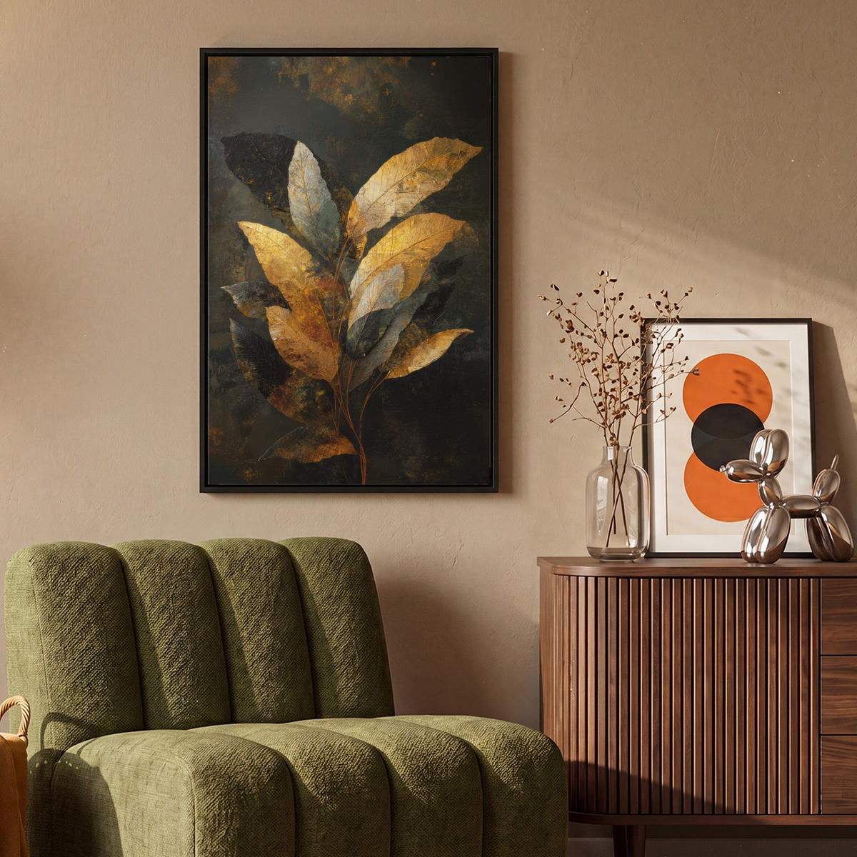 LEINWAND Bilder mit Rahmen - Golden Leaf Komposition - Botanical Luxury - 60x90 - Goldfarben, Textil (60/90cm) - MuchoWow