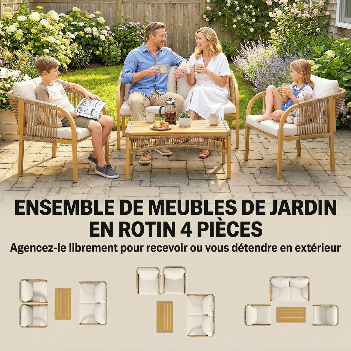 GARTENLOUNGE-SET 4tlg. DE-13719 mit Sofa & 2 Sesseln Kaki - Mokka, Metall - ComfortXL