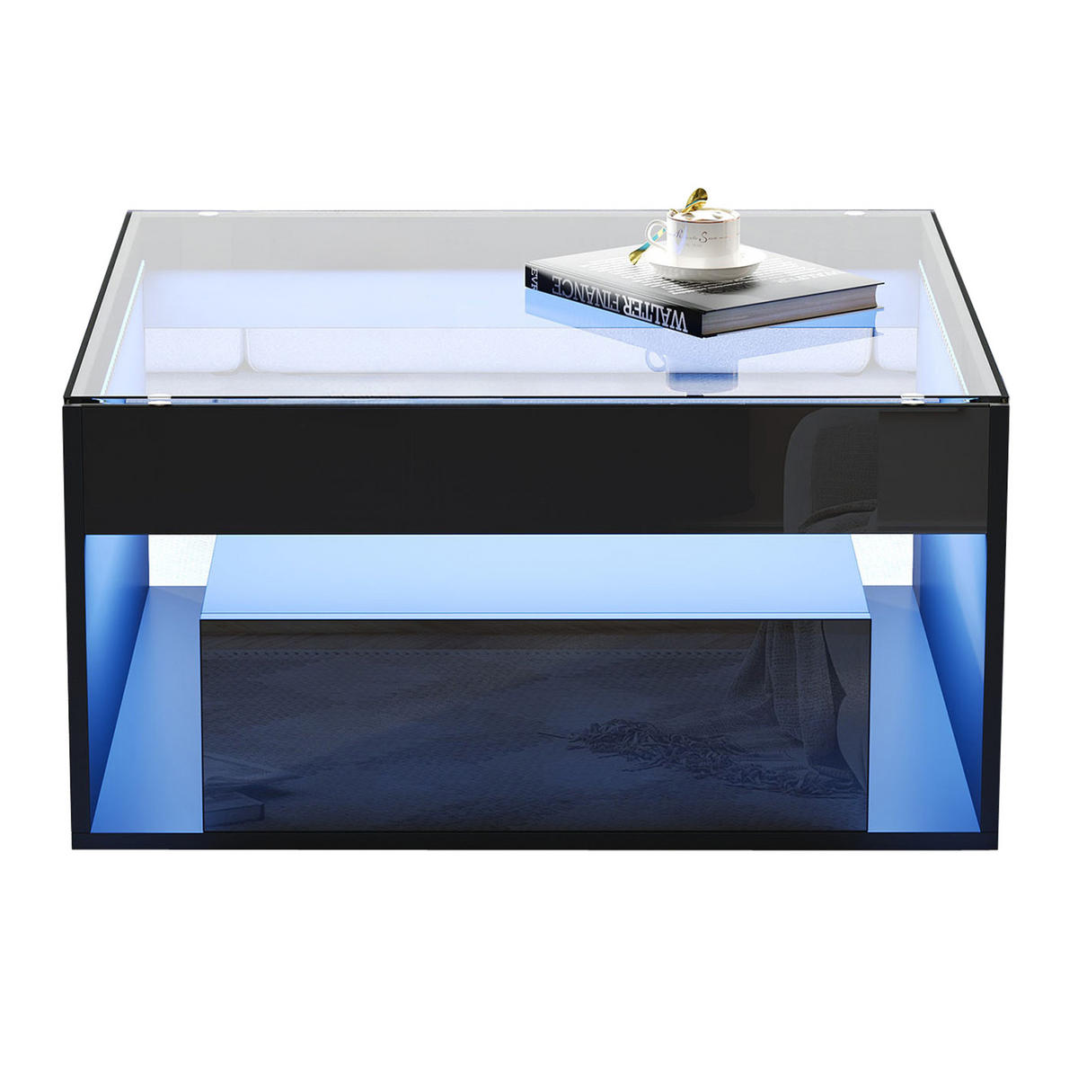 COUCHTISCH 70/70/35 cm mit LED-Beleuchtung und 2 Schubladen in Schwarz - Schwarz, Holzwerkstoff (70/70/35cm) - Flora Grace