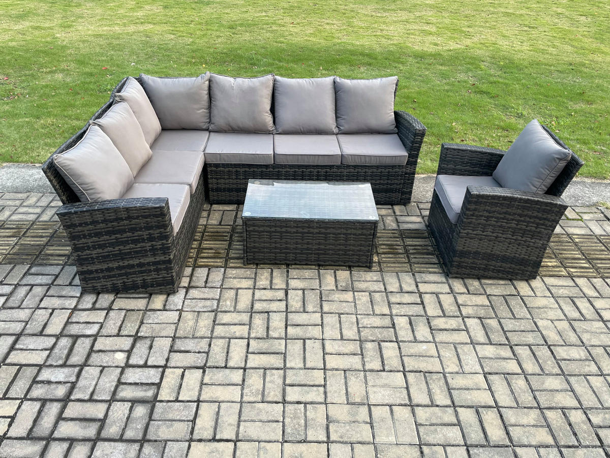 LOUNGEMÖBEL-SETS mit Couchtisch Sofa Polyrattan Dunkelgrau 7-Sitzer - Dunkelgrau/Grau, Glas/Kunststoff - Fimous