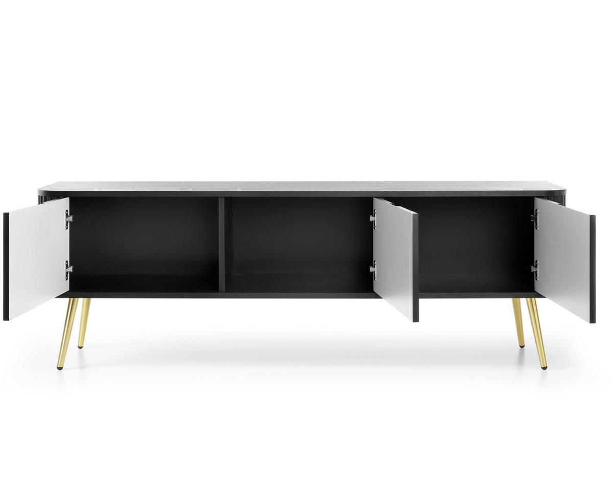 LOWBOARD Salvia 3T Schwarz, Gold 168/56/39 cm – mit geriffelten Fronten und hohen Beinen - Goldfarben/Schwarz, Holzwerkstoff/Metall (168/56/39cm) - AX Living