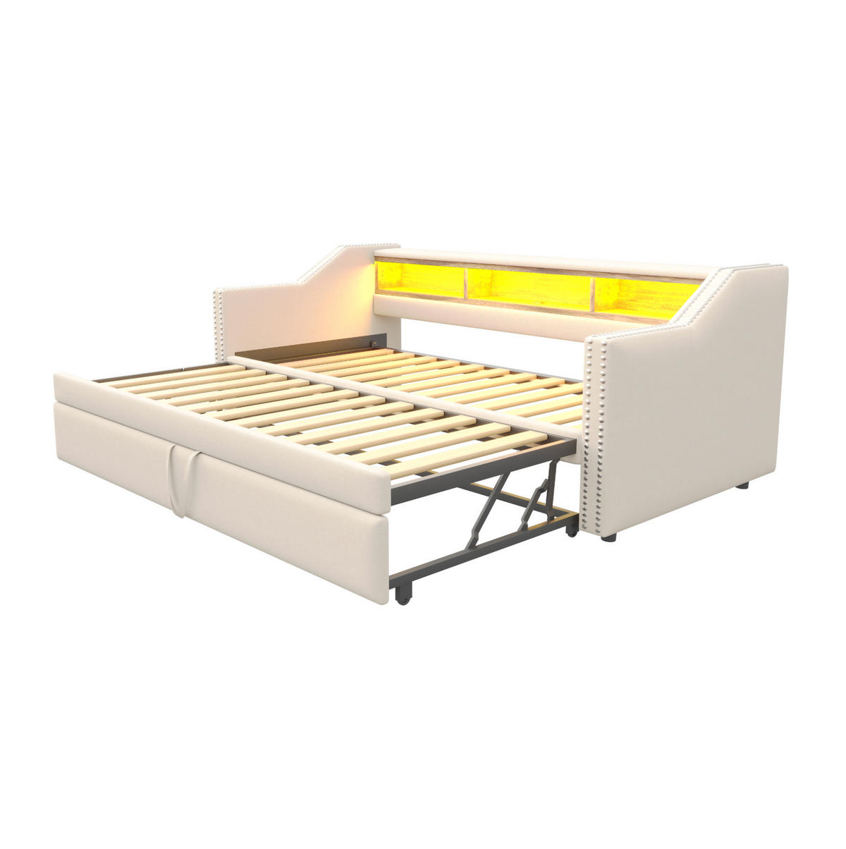 BETT aus Leinen 90/180x190 cm Beige mit Ausziehbett, LED-Beleuchtung, USB-Anschluss und Ablagefächern - Beige, Textil (140/200cm) - Modfu