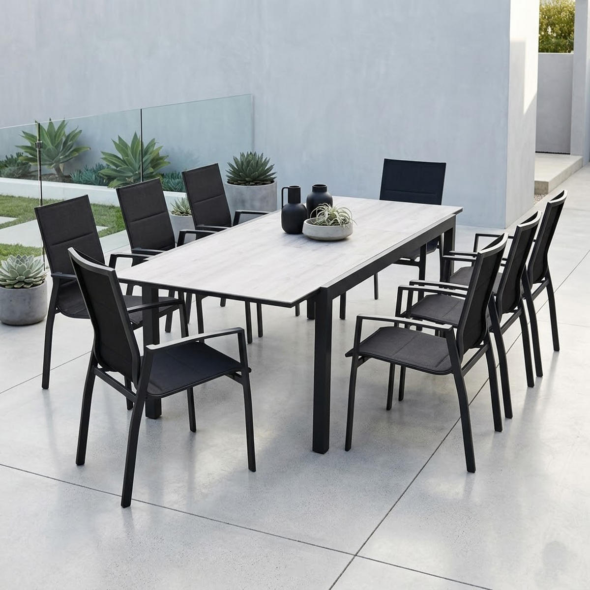 GARTEN-GARNITUR Ashford - 9-teilige Garten-Essgruppe (8x Stapelsessel mit Armlehnen, 1x Ausziehtisch 180/240x100cm), Gestell Aluminium - Schwarz, Metall - TPFGarden