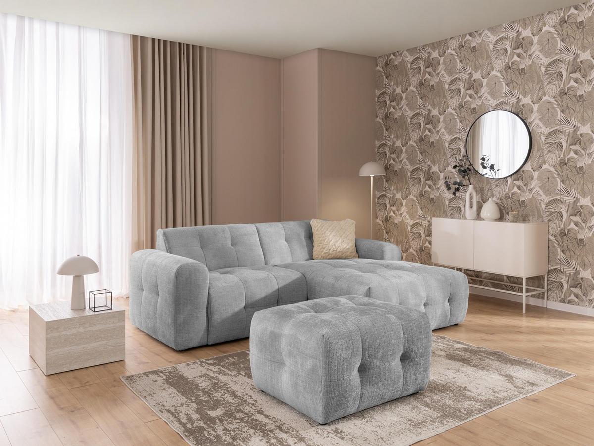 ECKSOFA inkl. Hocker Kozy im Bumpy-Design mit Schlaffunktion und fester Rückenlehne aus weichem Hellgrau Chenille-Stoff - Ottomane rechts - Hellgrau/Schwarz, Holz/Kunststoff (234/161cm) - S-Style Möbel