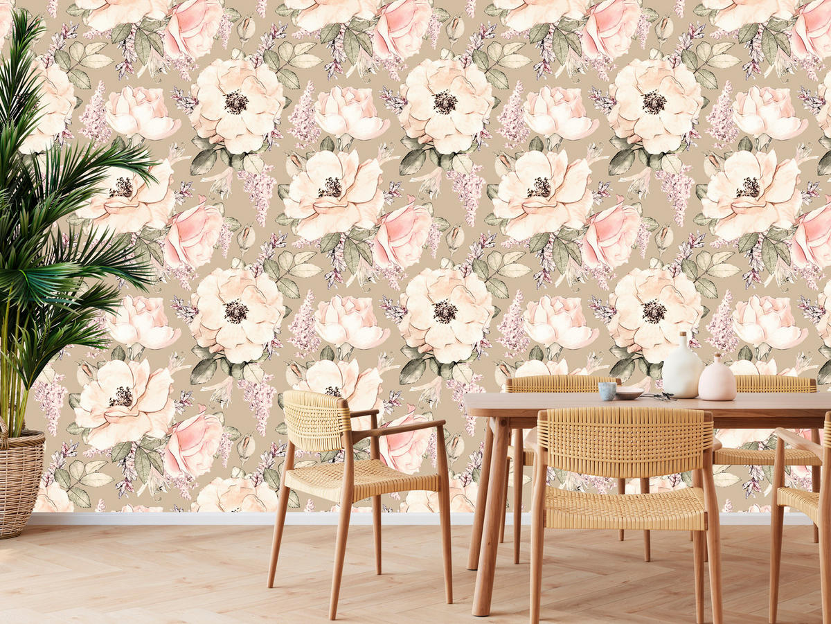 VLIESTAPETE Vintage-Rosen und Pfingstrosen – Rosa, Beige, Grün – 50x1000 cm - Beige/Rosa, Papier (50/1000cm) - Muralo