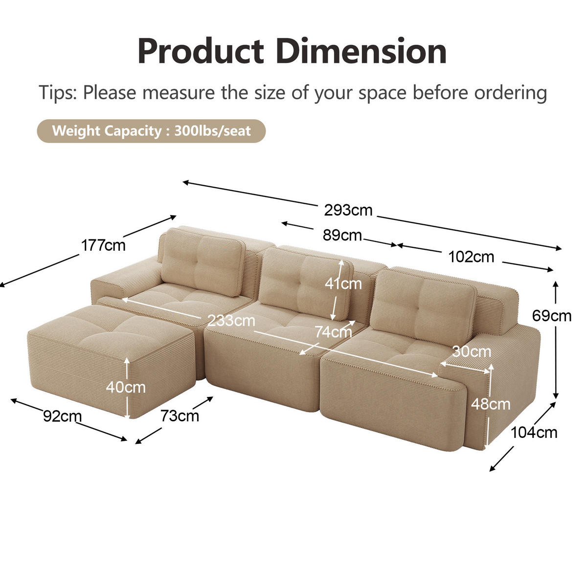 ECKSOFA 293/177/69 cm beige aus Cord mit Tiefsitz, Ottomane und montagefreiem Design - Beige, Textil (177/293cm) - OKWISH