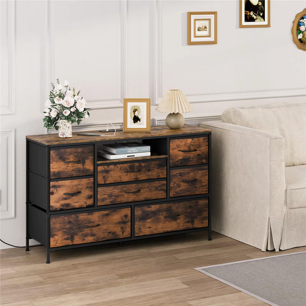 KOMMODE 8 Schubladen mit USB Steckdose Sideboard 120x75x36 cm - Braun, Metall (120/75/36cm) - Kaket