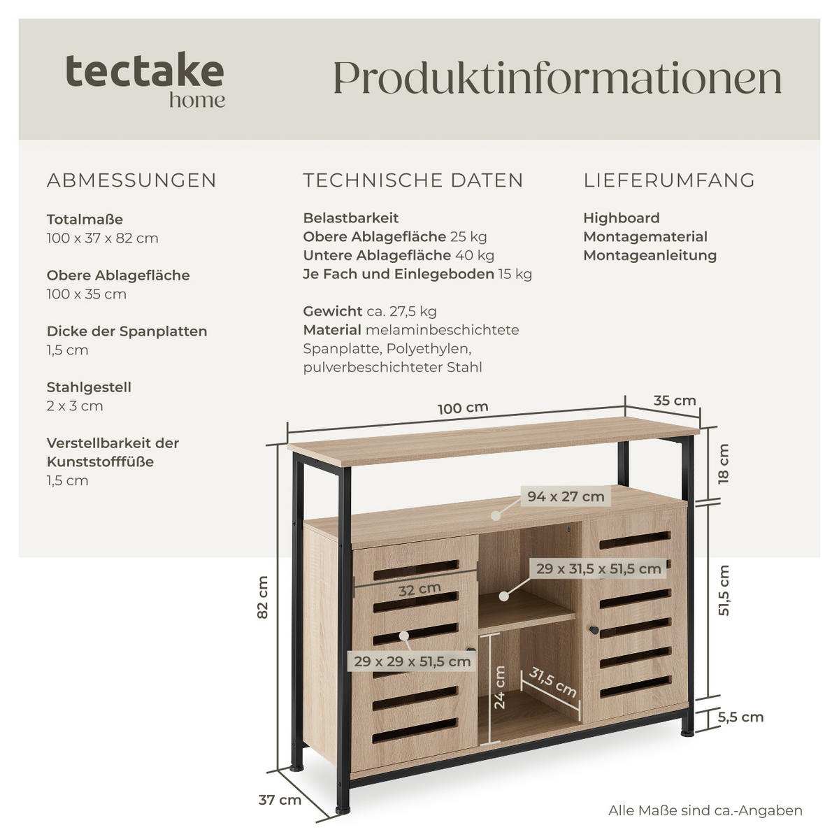 SIDEBOARD Warrington,mit höhenverstellbaren Kunststofffüßen, 100 x 37 x 82 cm,Industrial Holz hell, Eiche Sonoma - Naturfarben, Holzwerkstoff (37/82/100cm) - tectake