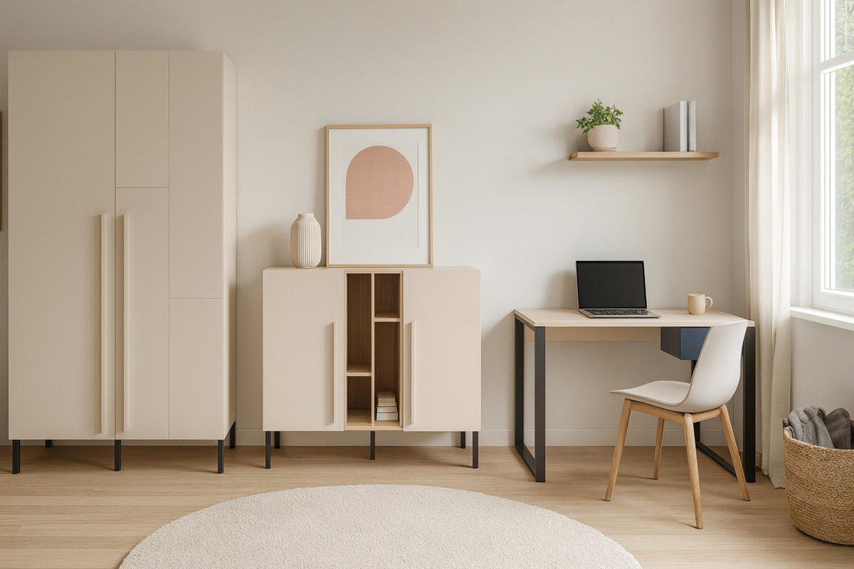 JUGENDZIMMER-SET SORENTO D 3-teilig in Sandbeige/Geölte Eiche/Royalblau - Eichefarben/Beige, Holzwerkstoff (335/195/56cm) - Deine Möbel 24