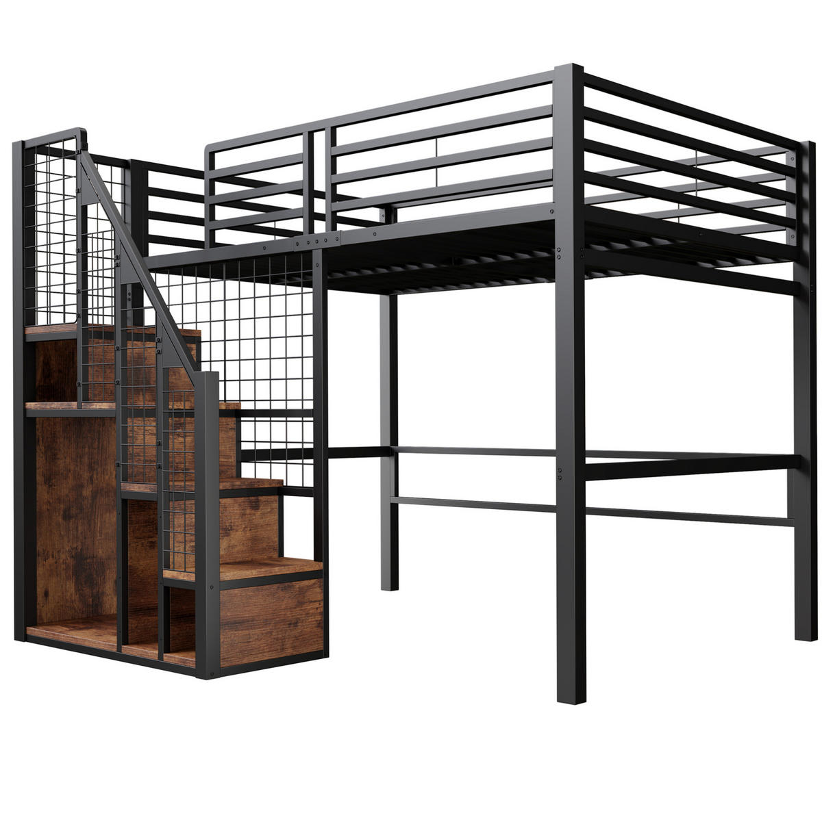 HOCHBETT 140/200 cm mit Treppe, Stauraum und Kleiderstange aus Metall, Schwarz - Schwarz, Holzwerkstoff (140/200cm) - Redom