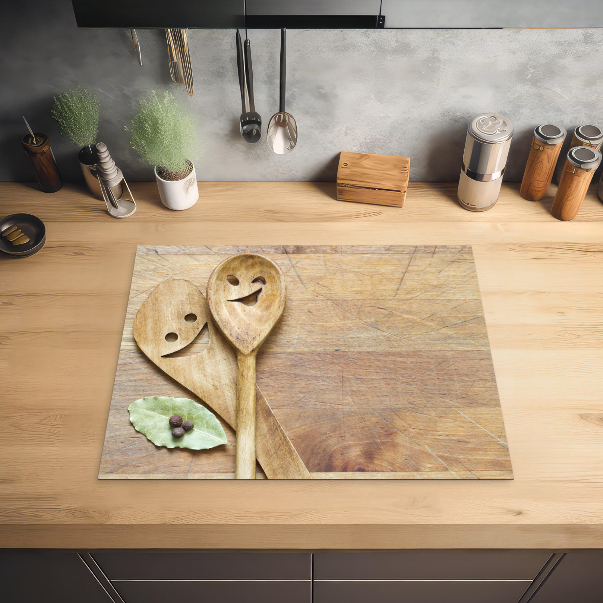 HERDABDECKPLATTE Holz - Löffel - Braun - Smiley 65x52 cm - Hellbraun, Kunststoff (65/0.2/52cm) - MuchoWow