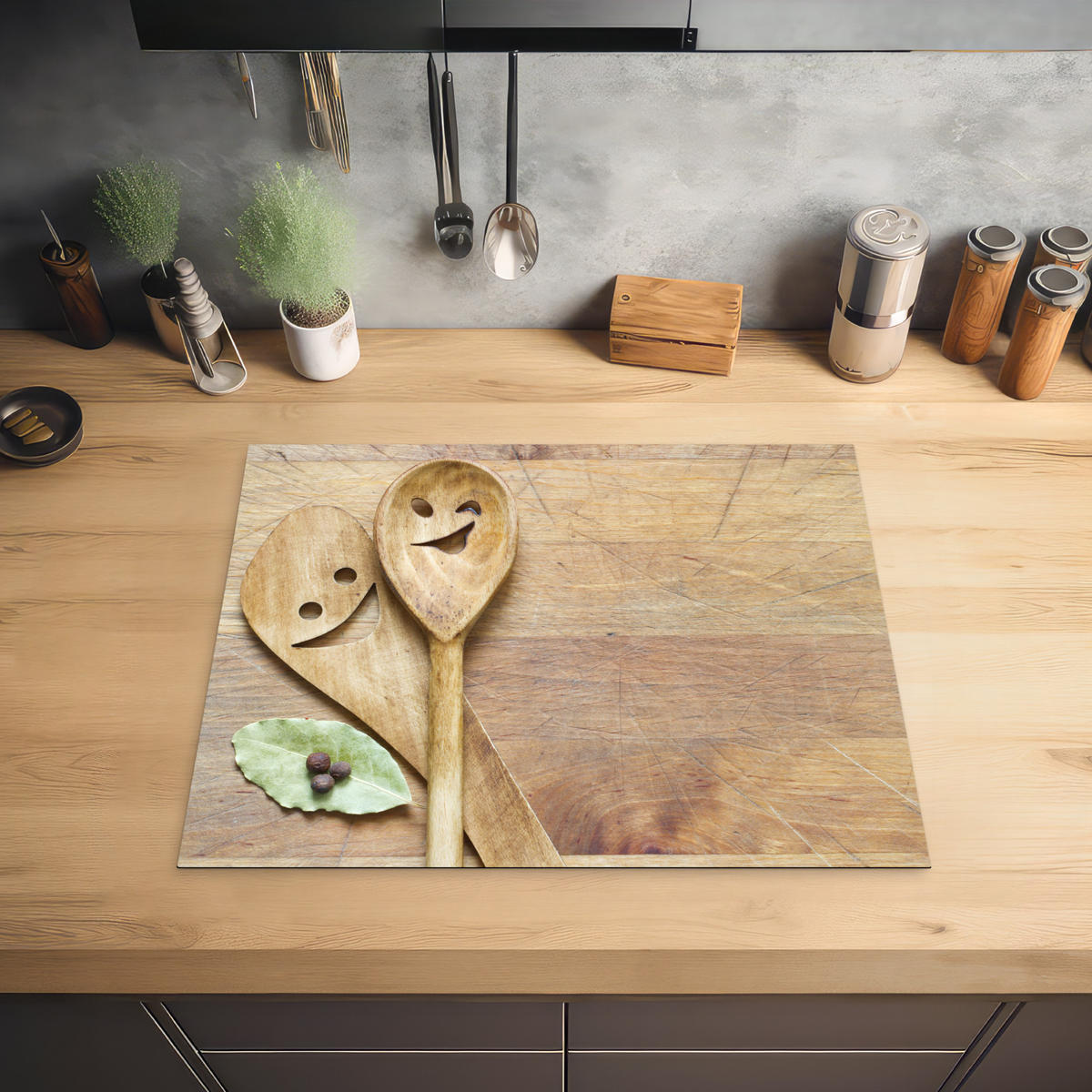 HERDABDECKPLATTE Holz - Löffel - Braun - Smiley 65x52 cm - Hellbraun, Kunststoff (65/0.2/52cm) - MuchoWow