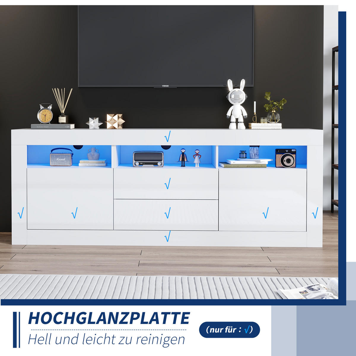 TV-SCHRANK DE-40482 2 Schubladen und 2 Türen mit LED Weiß - Weiß, Holzwerkstoff (160/60/35cm) - ComfortXL