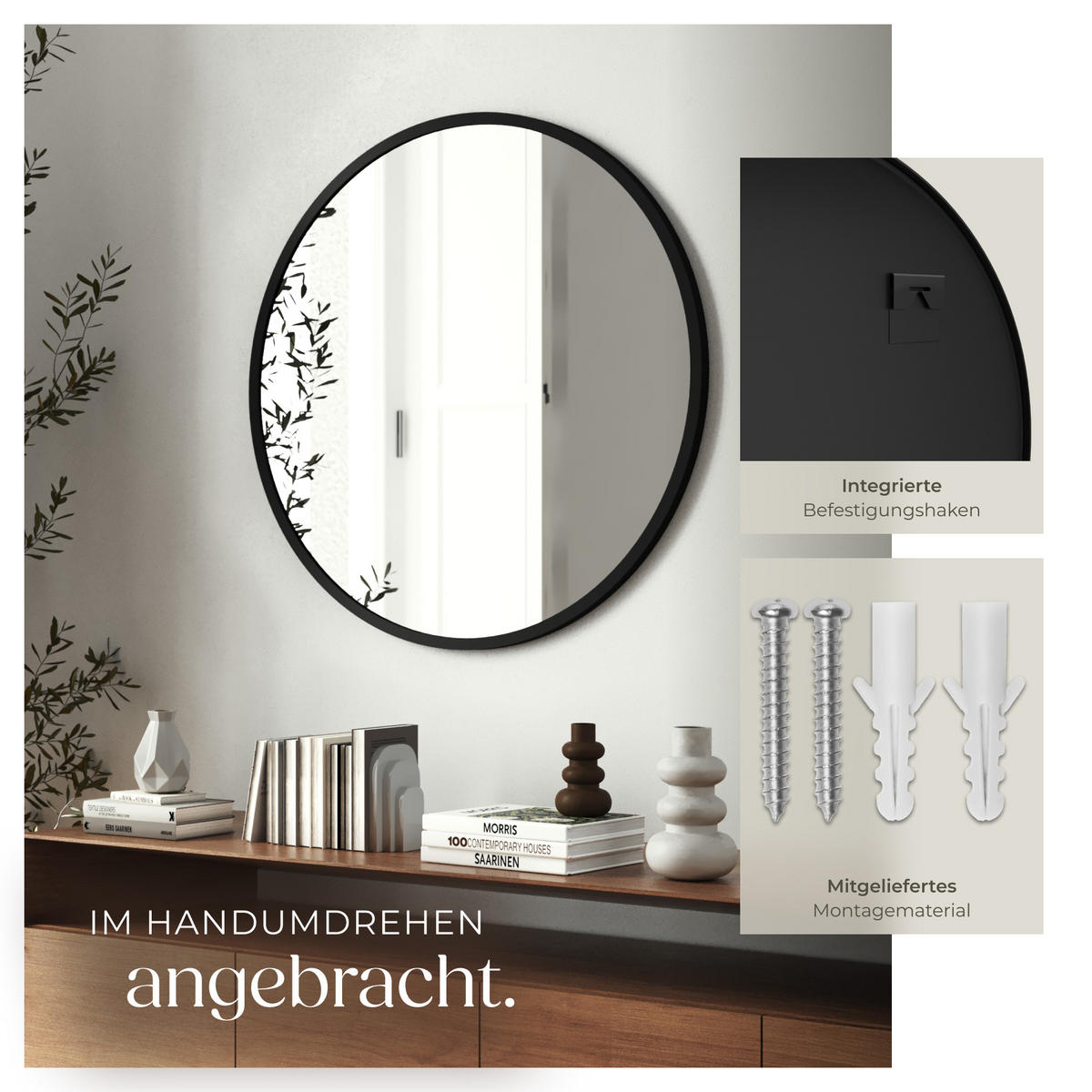 RUNDER WANDSPIEGEL Fiona,integrierte Befestigungshaken,schwarz - Schwarz, Glas (80/2.5/80cm) - tectake