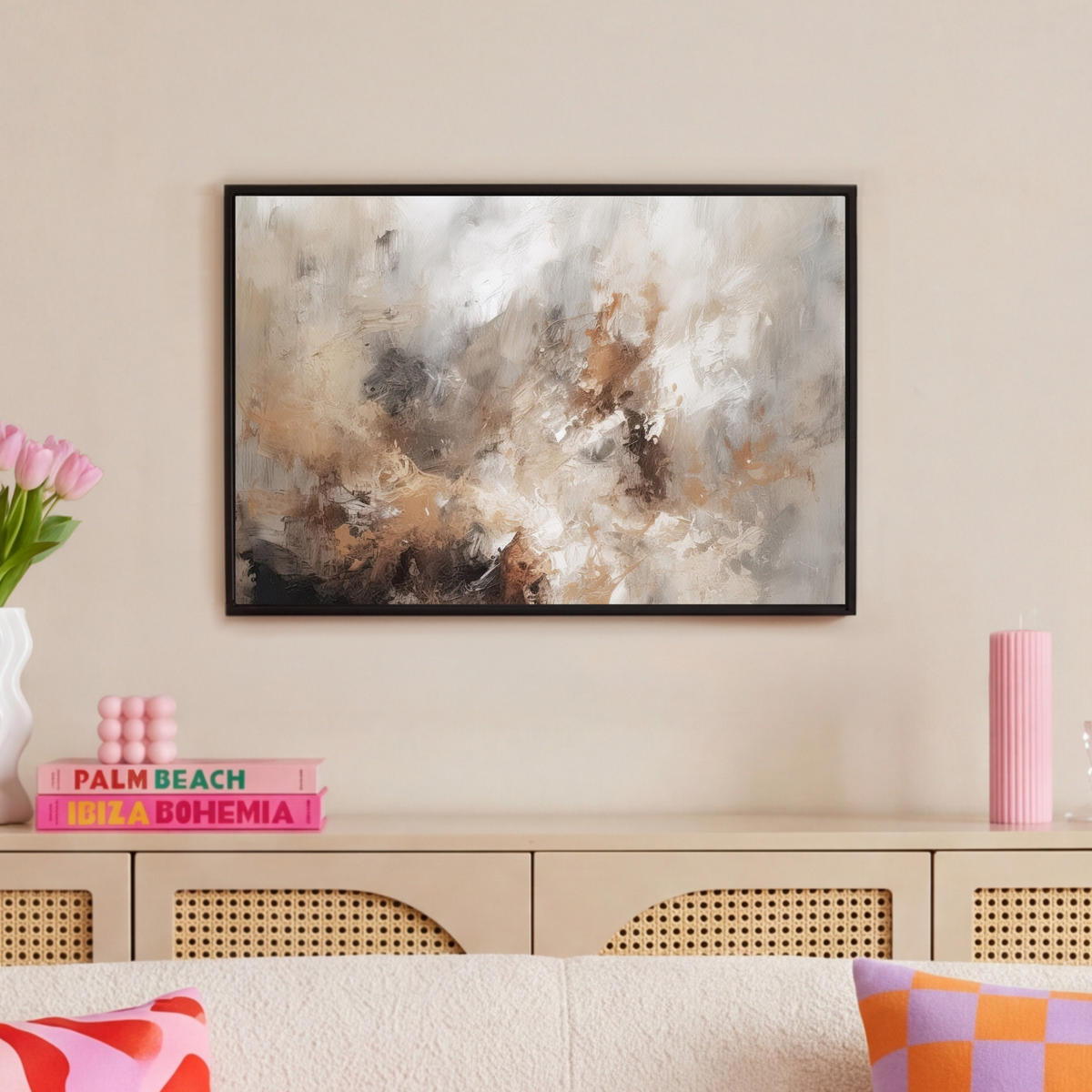 LEINWAND Bilder mit Rahmen - Farbe - Abstrakt - Beige - Kunst - 60x40 - Greige, Textil (60/40cm) - MuchoWow