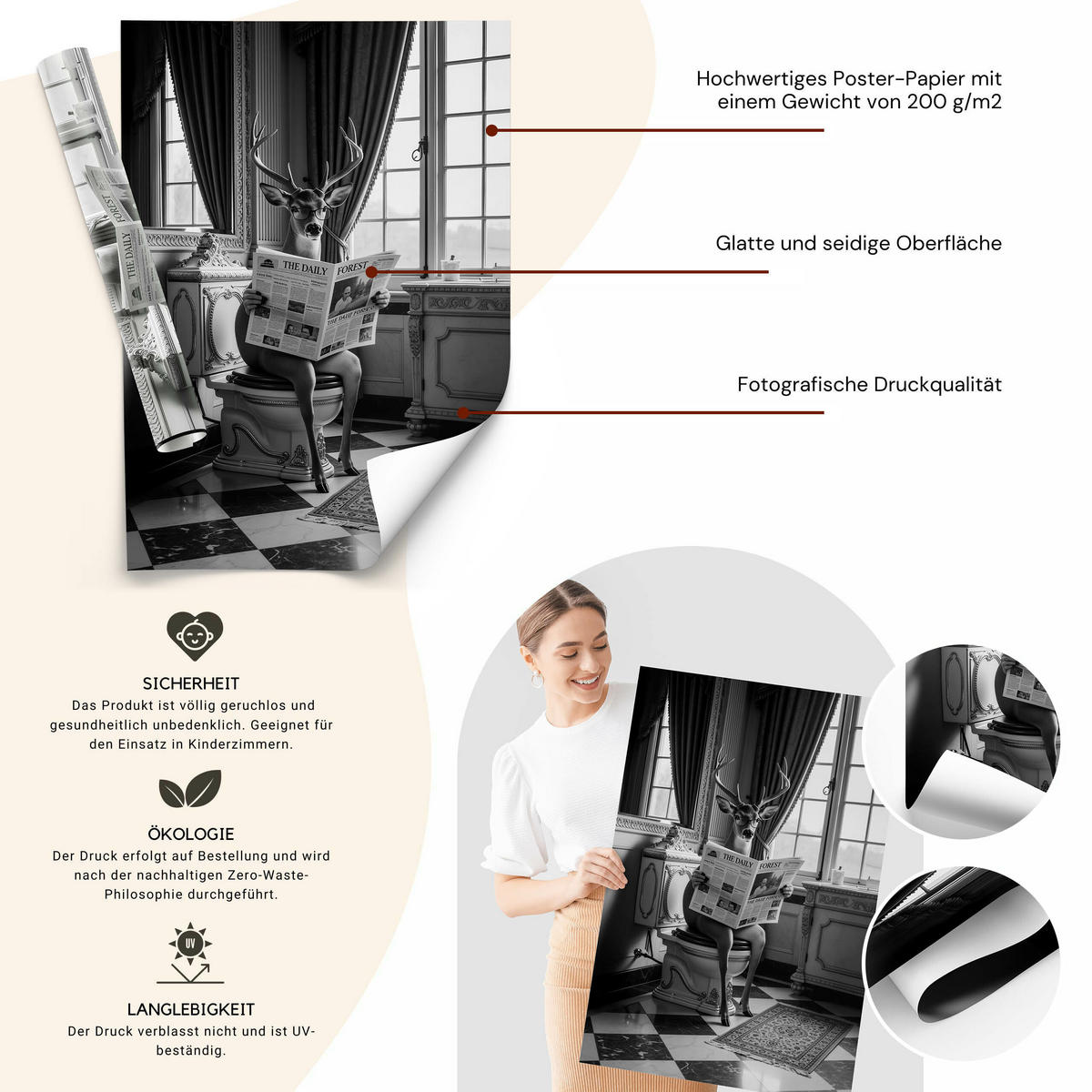 POSTER für Badezimmer WC HIRSCH in der Toilette Schwarz-Weiß Abstraktion 30x40cm - Schwarz/Weiß, Papier (30/40/1cm) - Muralo