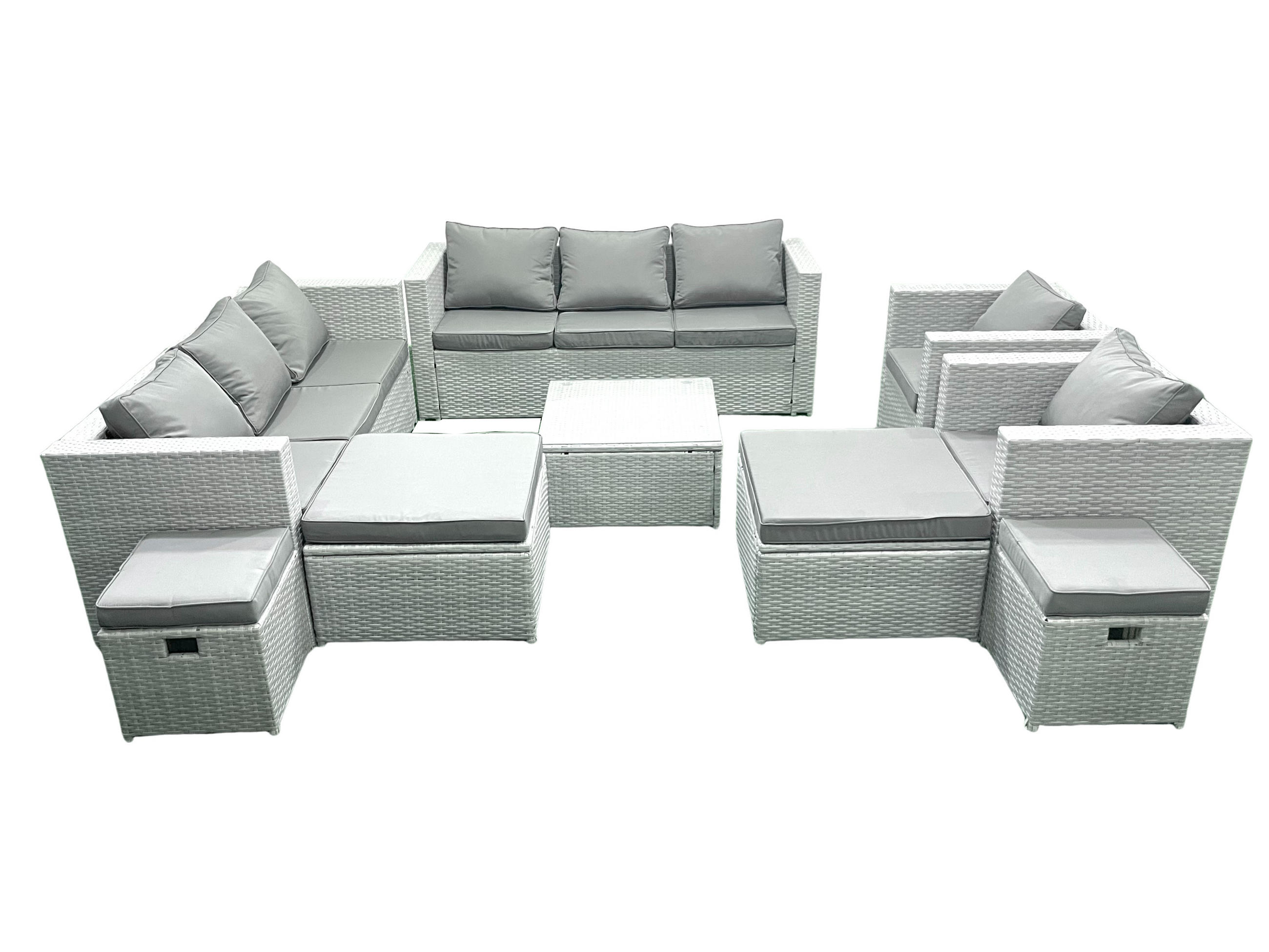 GARTENMÖBELSET mit 3-SITZER SOFA,COUCHTISCH Polyrattan Hellgrau-Mix 12-Sitzer - Hellgrau/Grau, Glas/Kunststoff - Fimous