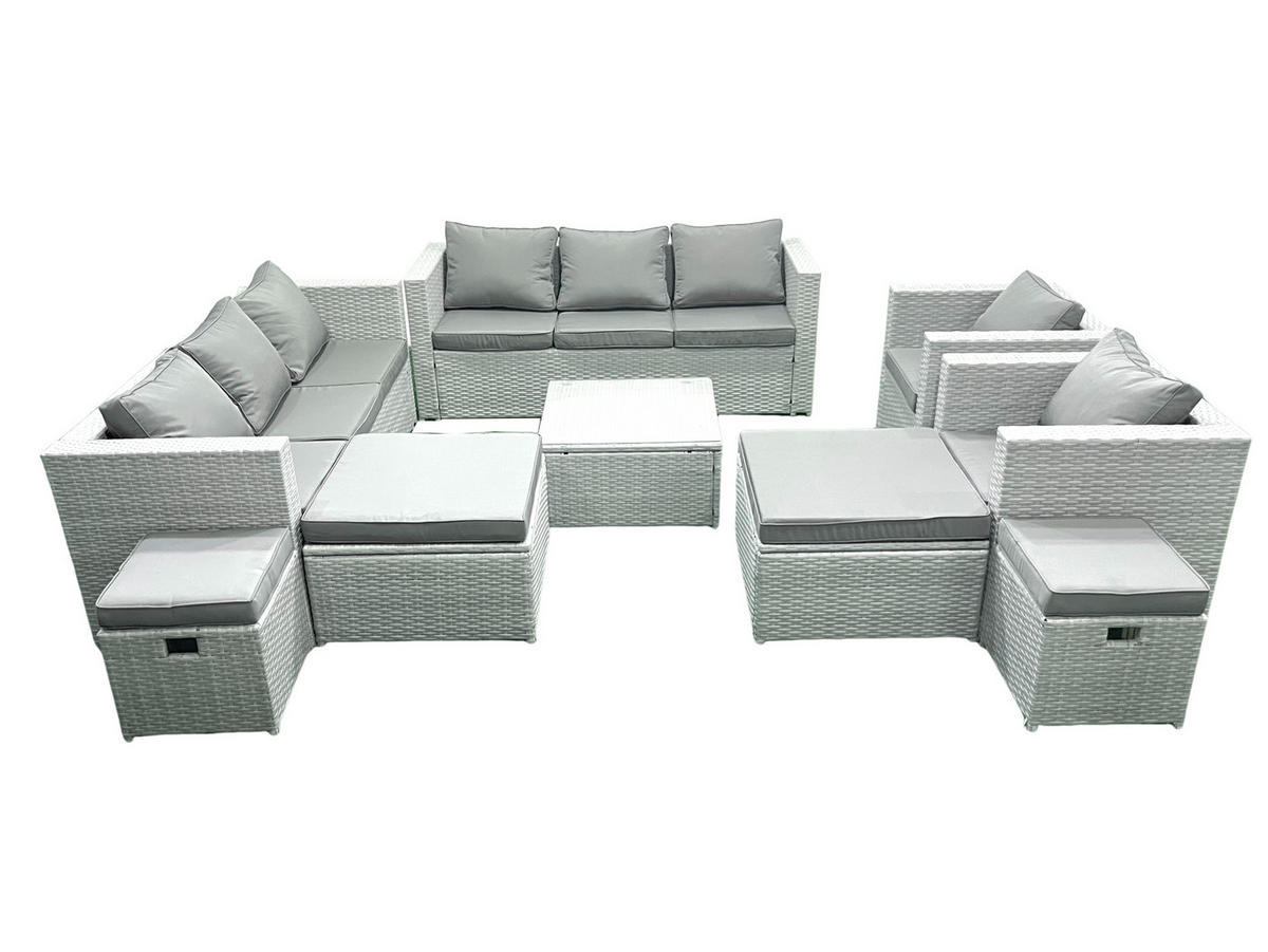 GARTENMÖBELSET mit 3-SITZER SOFA,COUCHTISCH Polyrattan Hellgrau-Mix 12-Sitzer - Hellgrau/Grau, Glas/Kunststoff - Fimous