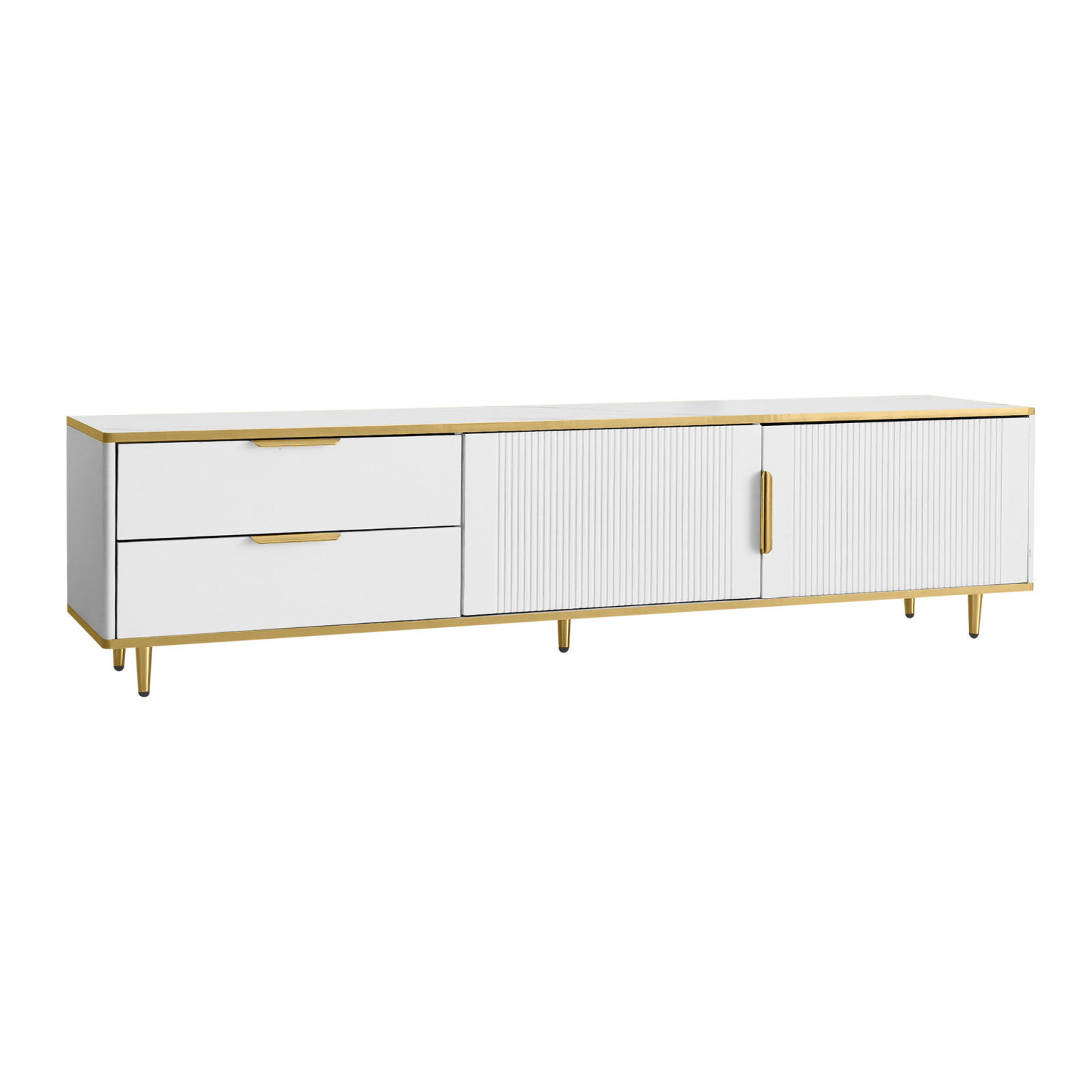 TV Lowboard 2 Türen, 2 Schubladen, goldene Füße, Weiß - Weiß, Holz (175/45/40cm)