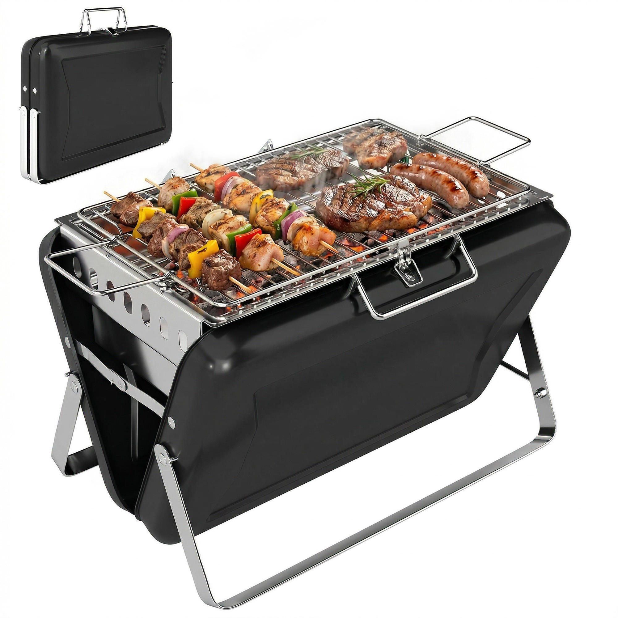 HOLZKOHLEGRILL DE-10250 Aktenkoffer-Design, klappbare Beine Schwarz - Schwarz, Metall (28/25.5/40cm) - ComfortXL