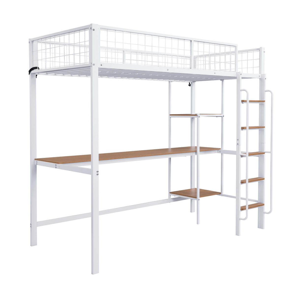 ETAGENBETT 90/200 cm weiß aus Metall mit Tisch und Regalen - Weiß, Metall (90/200cm) - OKWISH