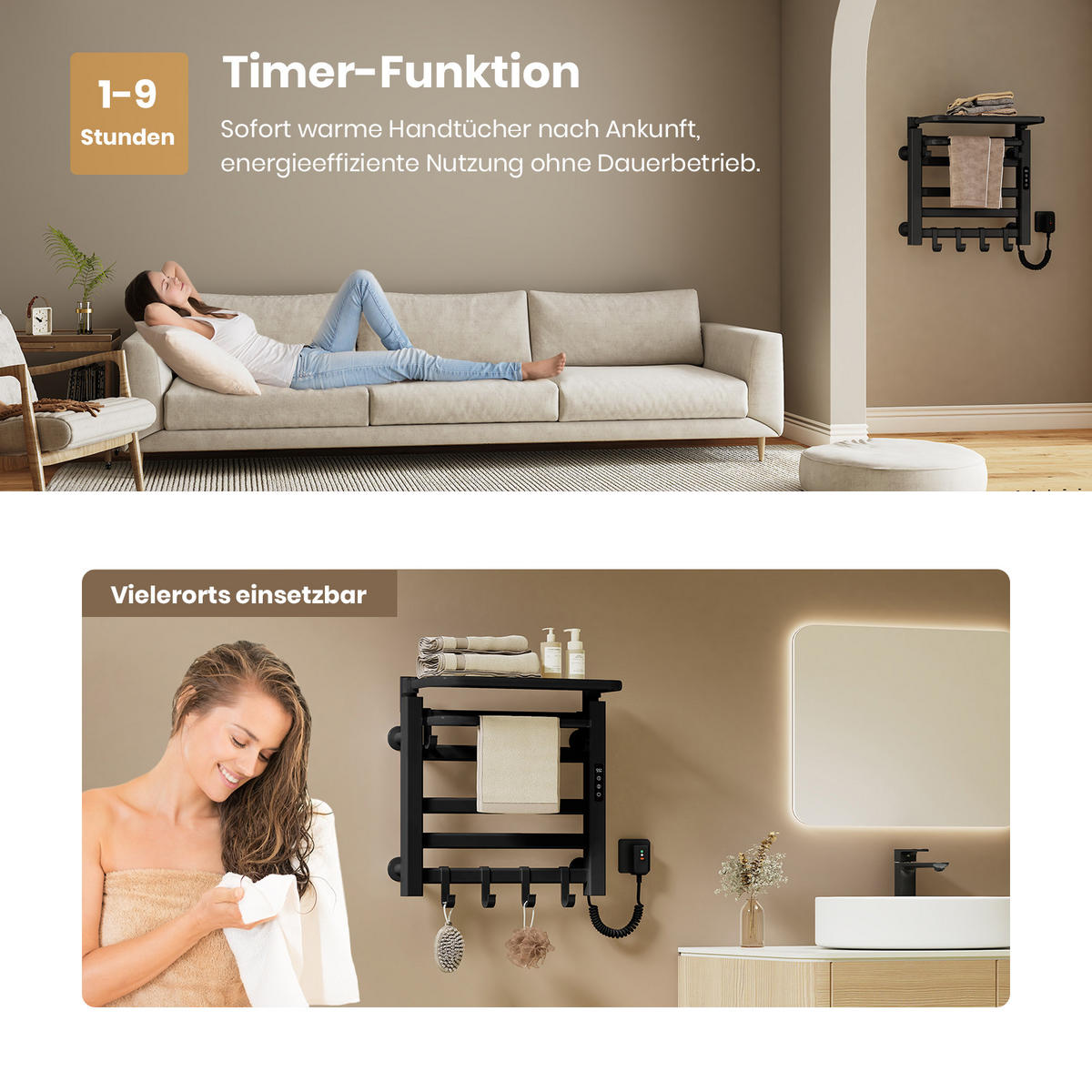 HEIZKÖRPER Elektrischer Handtuchhalter mit Ablage Schwarz 50/50/4,3 cm - Schwarz, Metall (50/50/25cm) - EMKE