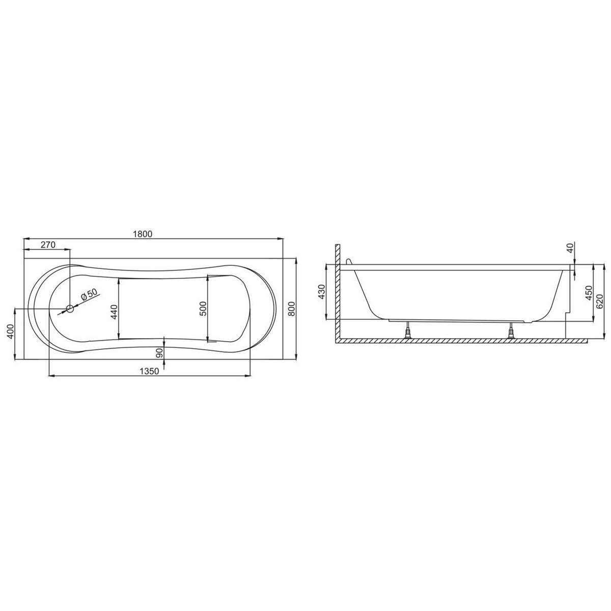 BADEWANNE Rechteck GRACJA 180/80 mit Styro Ablauf Füße - Weiß, Kunststoff (80/62/180cm) - bad land