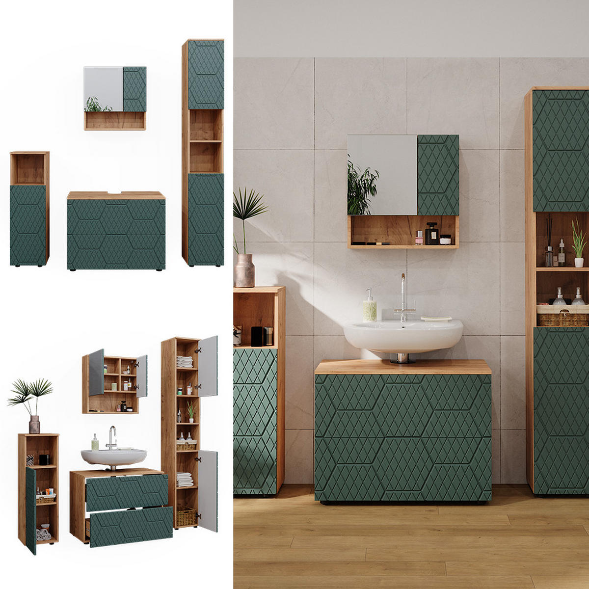 BADMÖBEL-SET Irma Grün 4 Teile, mit Schubladenschrank und Hochschrank - Honigeiche/Grün, Holzwerkstoff (80/58/41cm) - Vicco