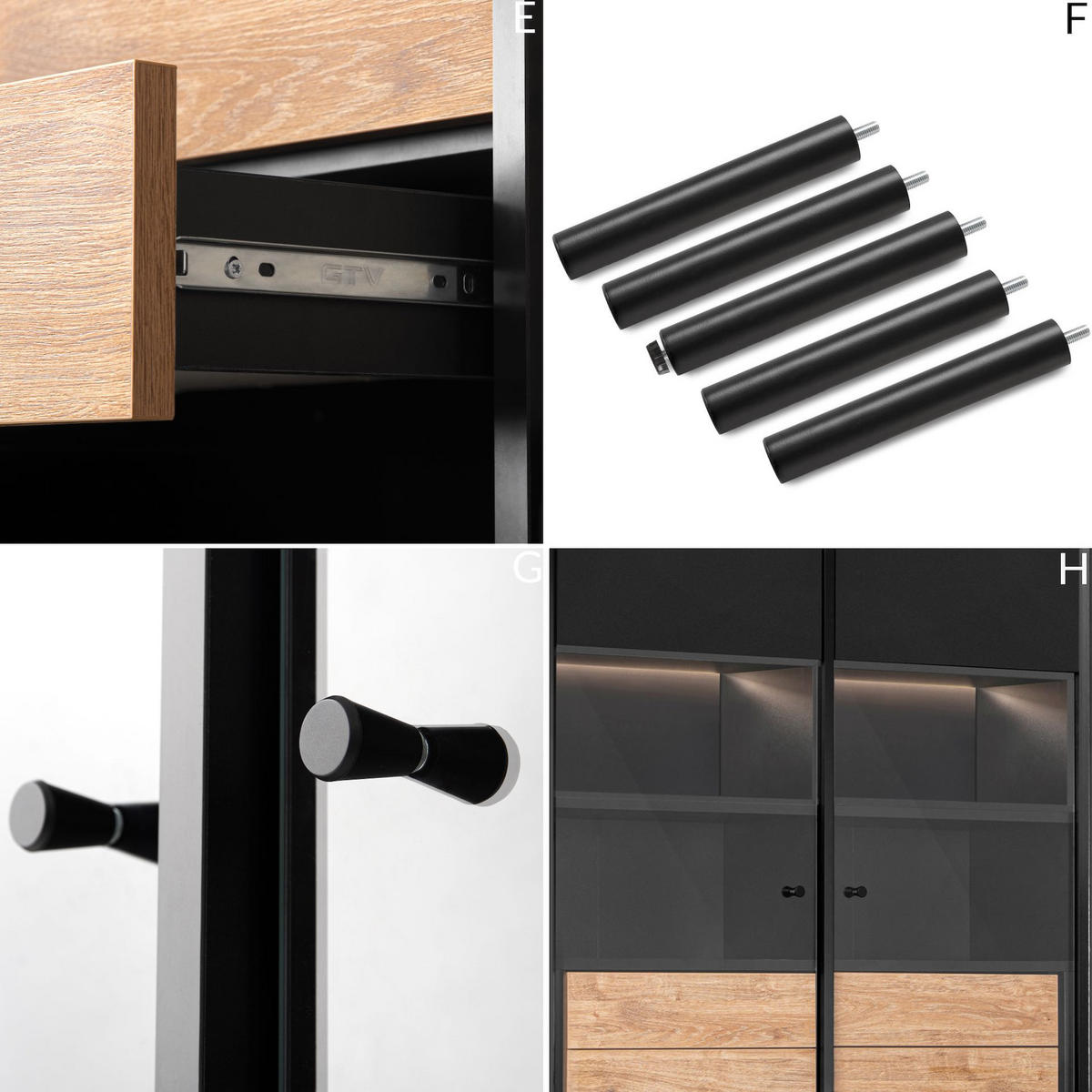VITRINENSCHRÄNK LOFTY Außenseiteneinlage, schwarz / Eiche natur - Eichefarben/Schwarz, Holzwerkstoff (102/174/41cm) - KONSIMO®