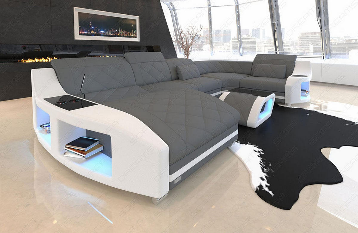 WOHNLANDSCHAFT Stoff Sofa Swing U Form Grau Weiß Mikrofaserstoff - Grau, Kunststoff (404/90/220cm)