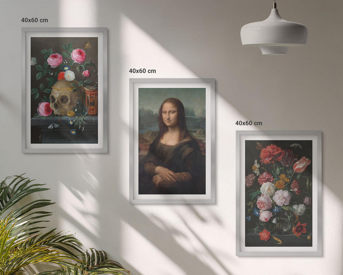 BILDER SET 3er Set - 40x60 cm Silberner Rahmen - Blumenschädel-Porträt Mona Lisa - Silberfarben, Kunststoff (40/60cm) - TULUP