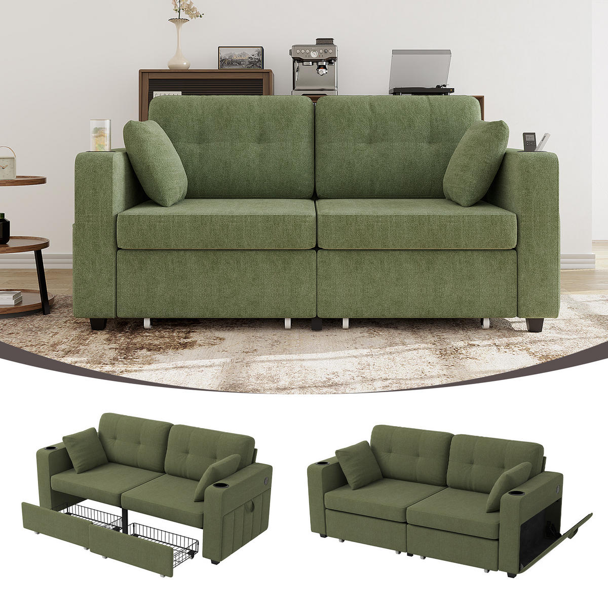 2-SITZER Sofa aus Chenille 172x75x82 cm mit USB-Anschlüssen & Stauraum, olive - Grün, Textil (75/82/172cm)