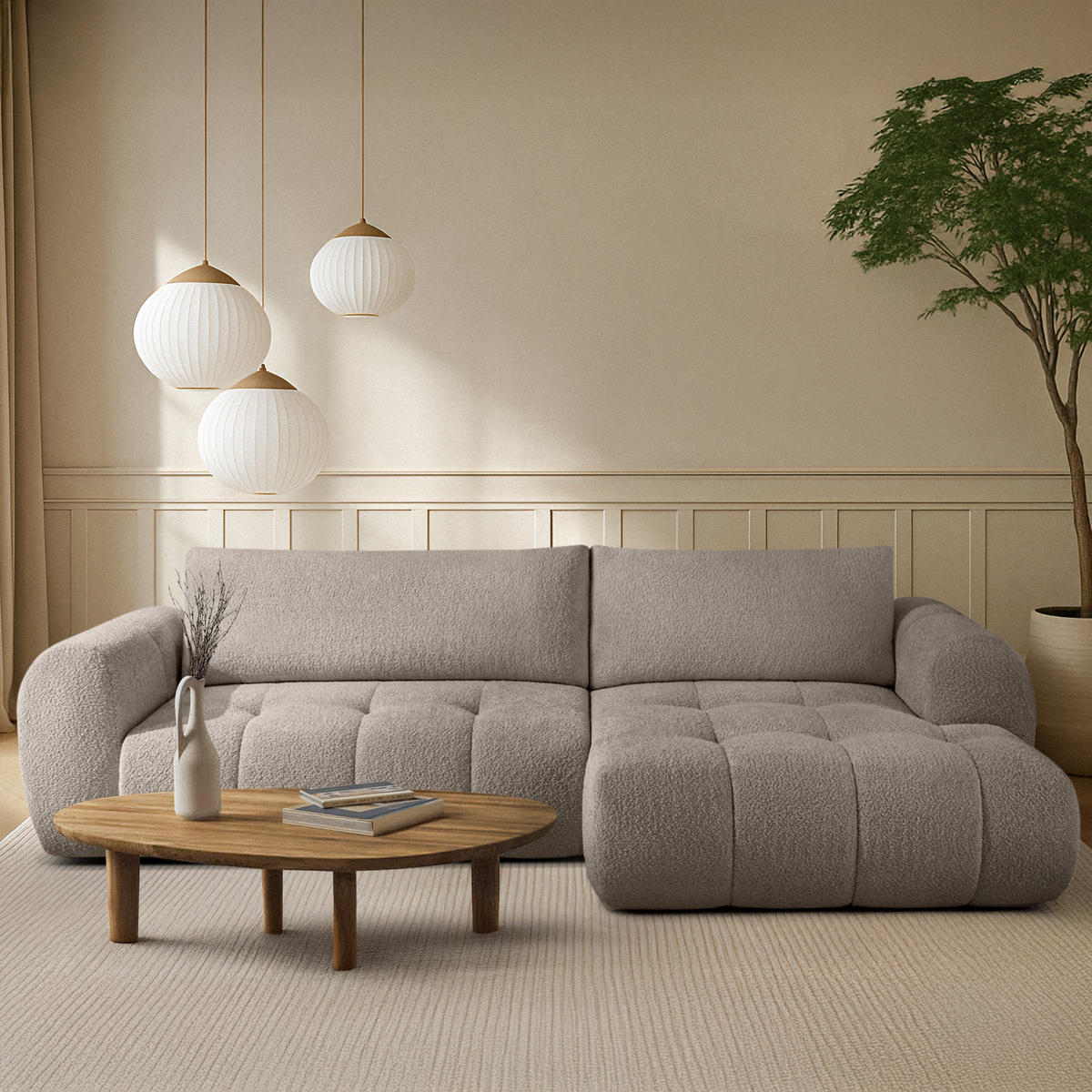 ECKSOFA RECHTS LIRA, Grau, Bouclé - Grau, Holz/Holzwerkstoff (295/112cm) - KONSIMO®