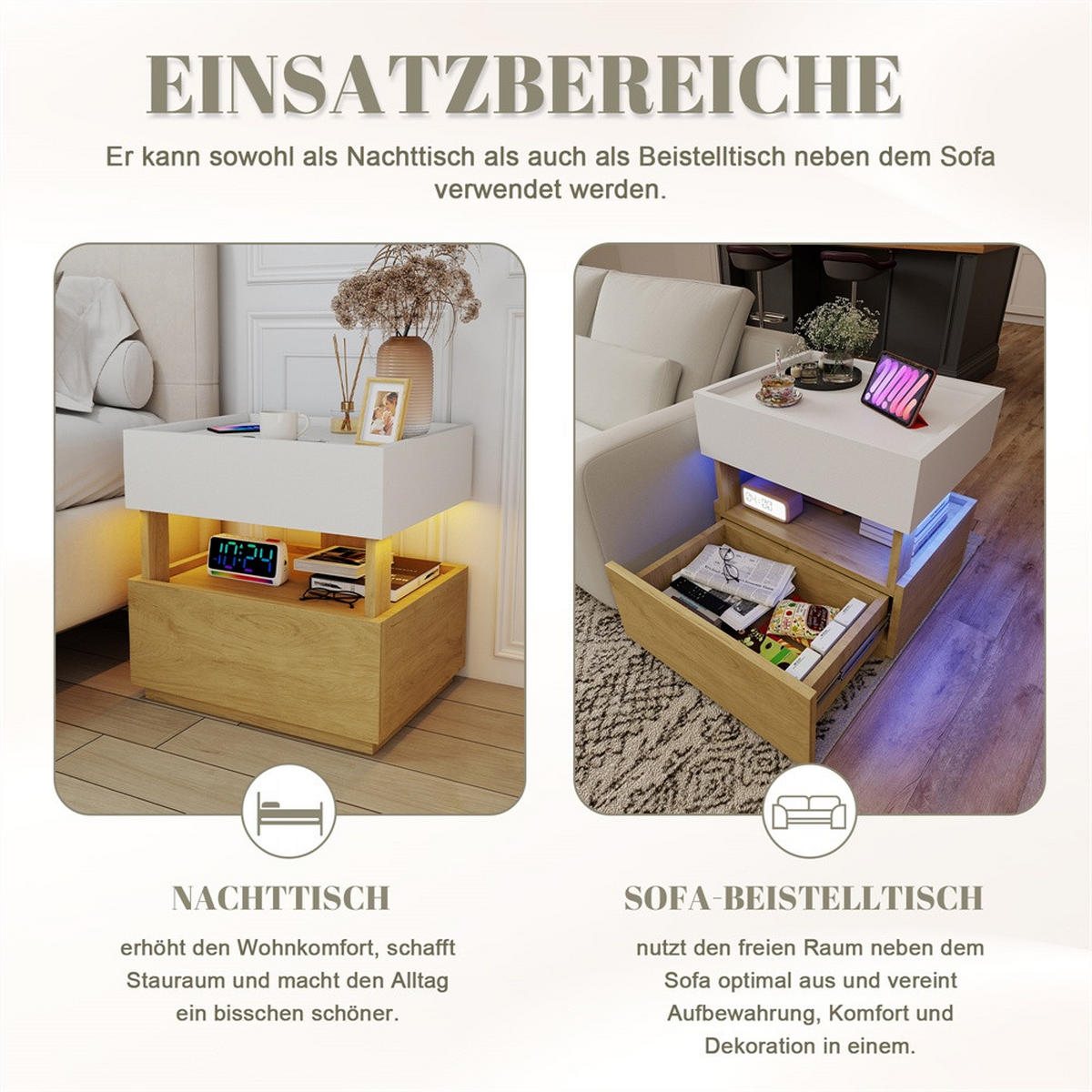 NACHTTISCH 50x40x50 cm mit 2 Schubladen - zweistöckiger Nachttisch mit LED Beleuchtung - Natur und Weiß - Weiß, Holzwerkstoff (50/50/40cm) - DELFA