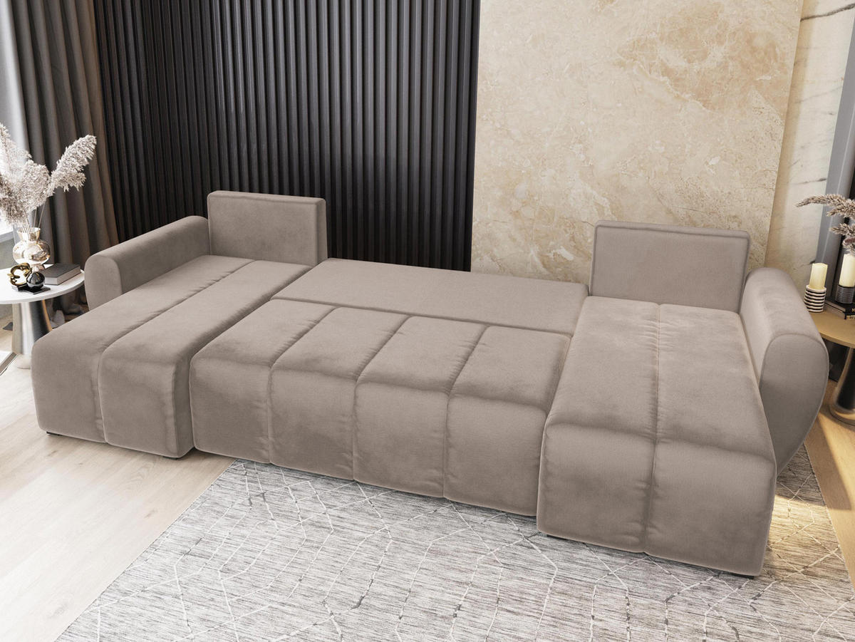 WOHNLANDSCHAFT MADISON U Beige Plüsch-Stoff mit Schlaffunktion - Beige, Holz (311/82/145cm) - MASSENO