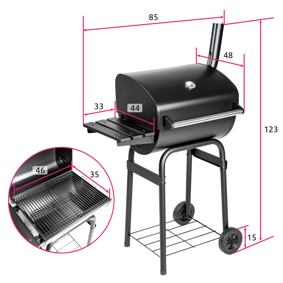 HOLZKOHLEGRILL ,85 x 48 x 123 cm,schwarz - Schwarz, Metall (48/123/85cm) - tectake