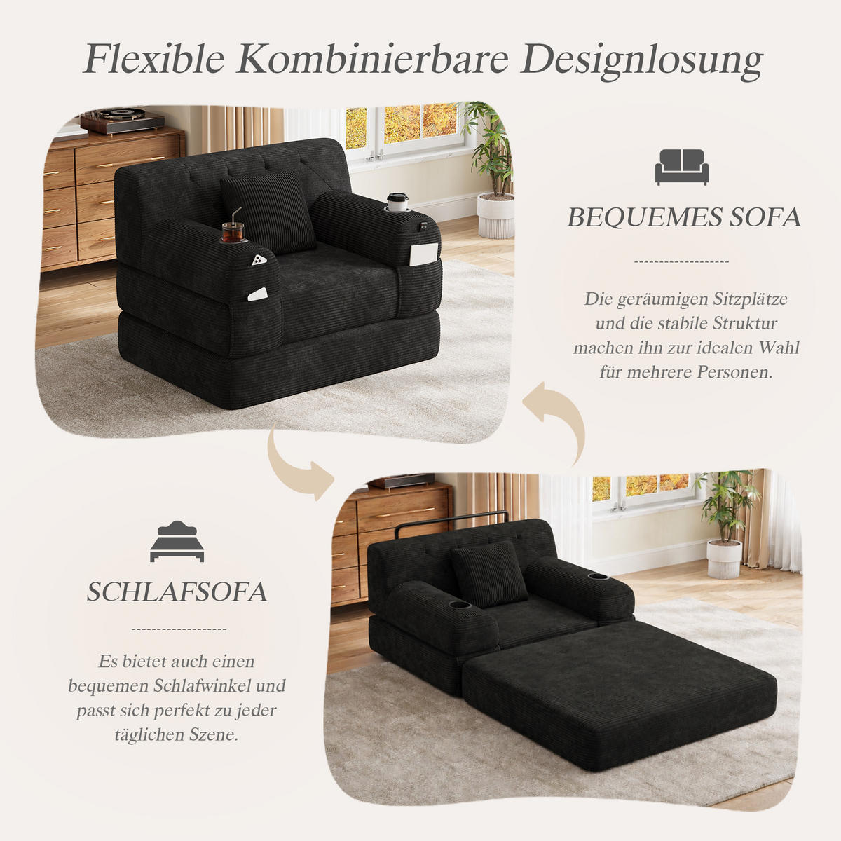 SCHLAFSESSEL Cord komprimiert, DE-42543, Schwarz - Schwarz, Metall (107/81/80cm) - ComfortXL