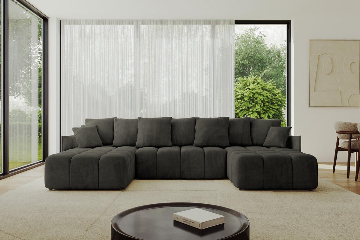 WOHNLANDSCHAFT LONLI-U 355x189x68 Schwarz Velours - Schwarz, Holzwerkstoff/Kunststoff (355/68/189cm) - ALTDECOR