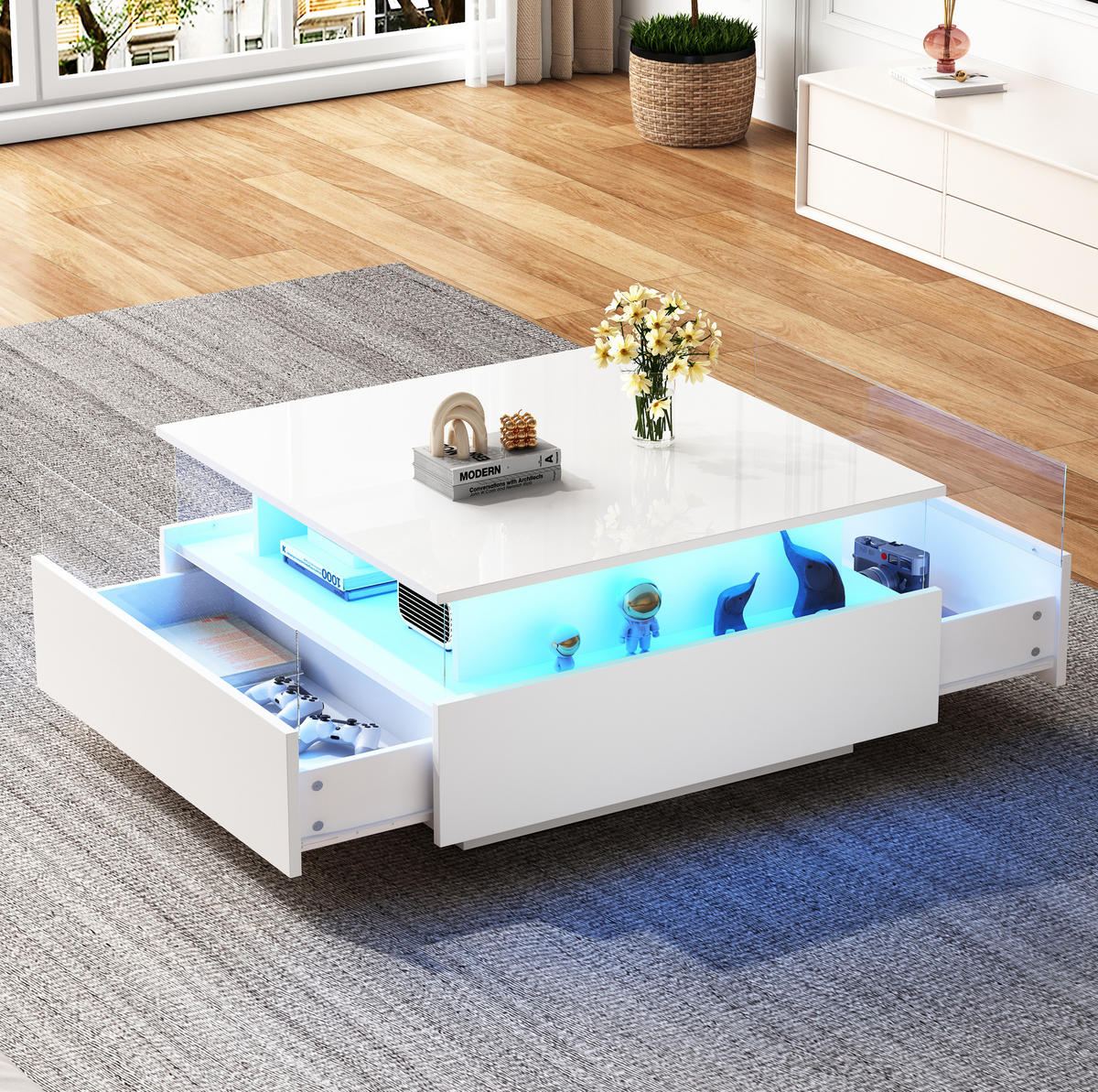 COUCHTISCH mit LED 70x70 cm Weiß mit 2 Schubladen - Weiß, Holzwerkstoff (70/70/41cm) - Meubliv