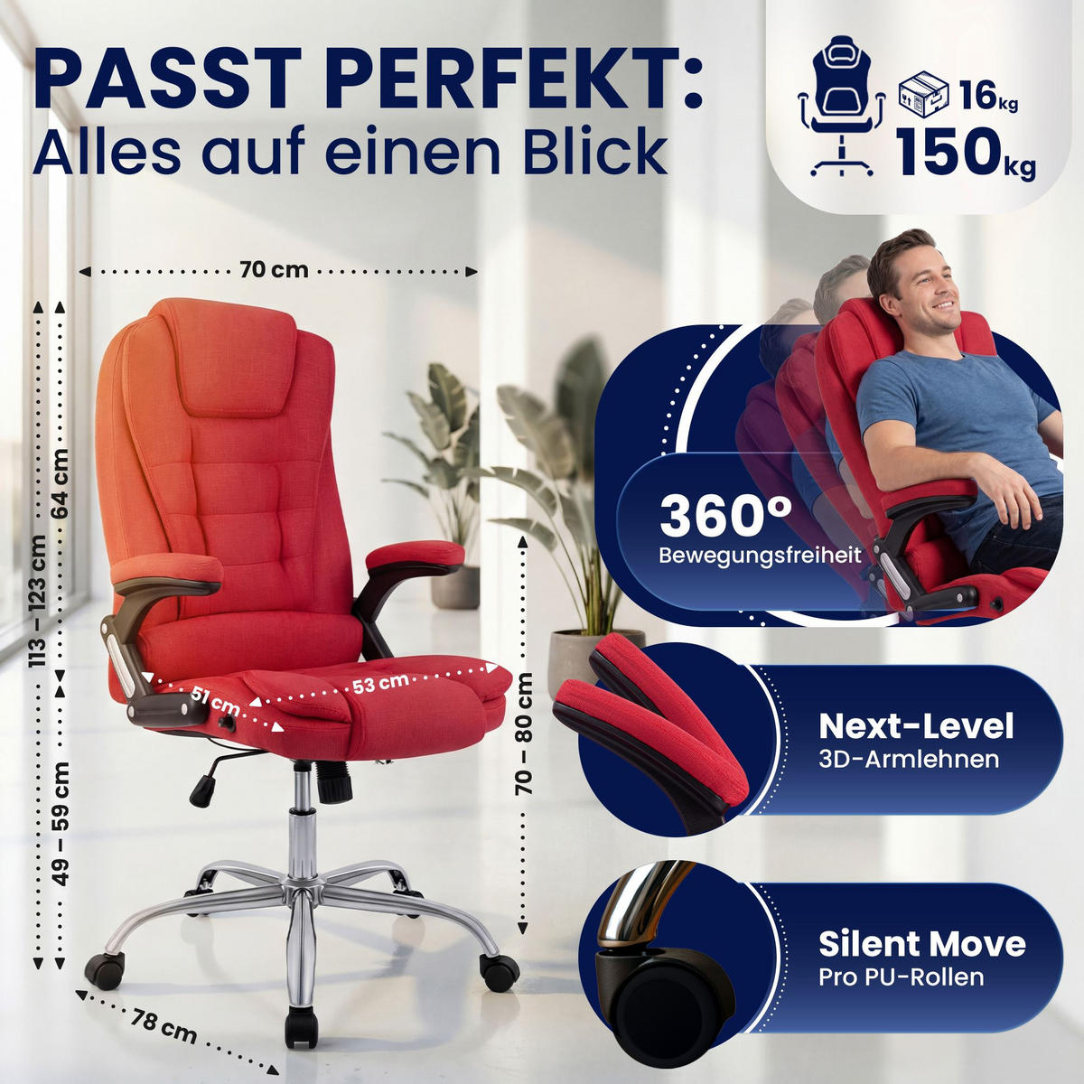 CHEFSESSEL Stoff Rot - Chromfarben/Rot, Textil/Metall (69.5/113/78cm) - CLP