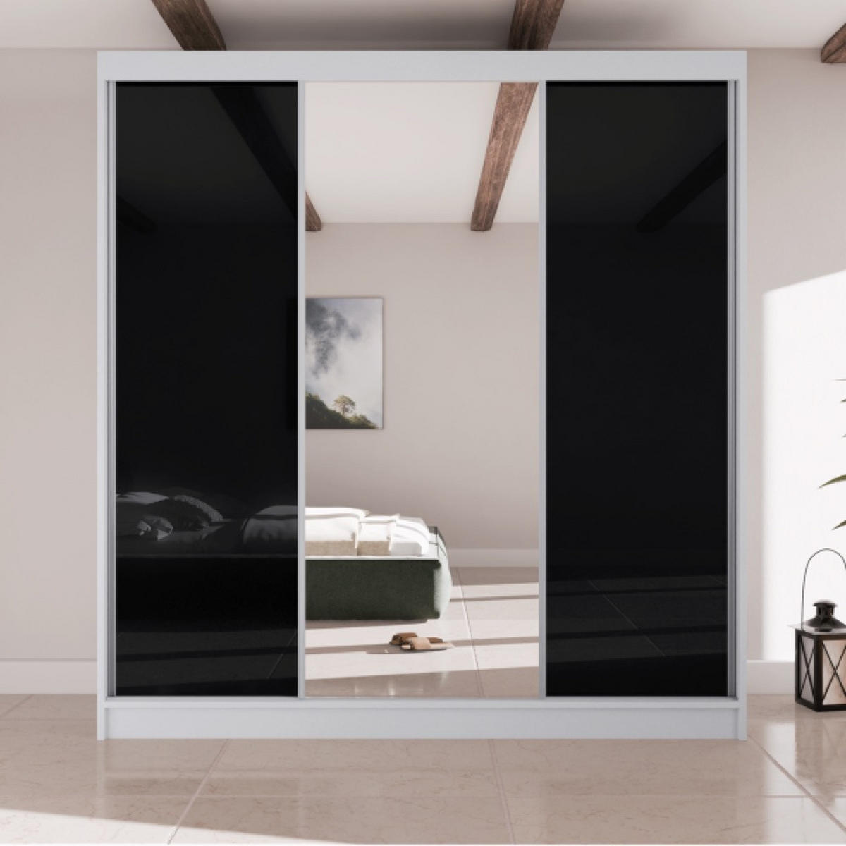 SCHRANK Weiß Schwarz Lacobel VIOLA V200 Mit Spiegel - Transparent/Schwarz, Holzwerkstoff (200/215/61cm) - Sepro Meble