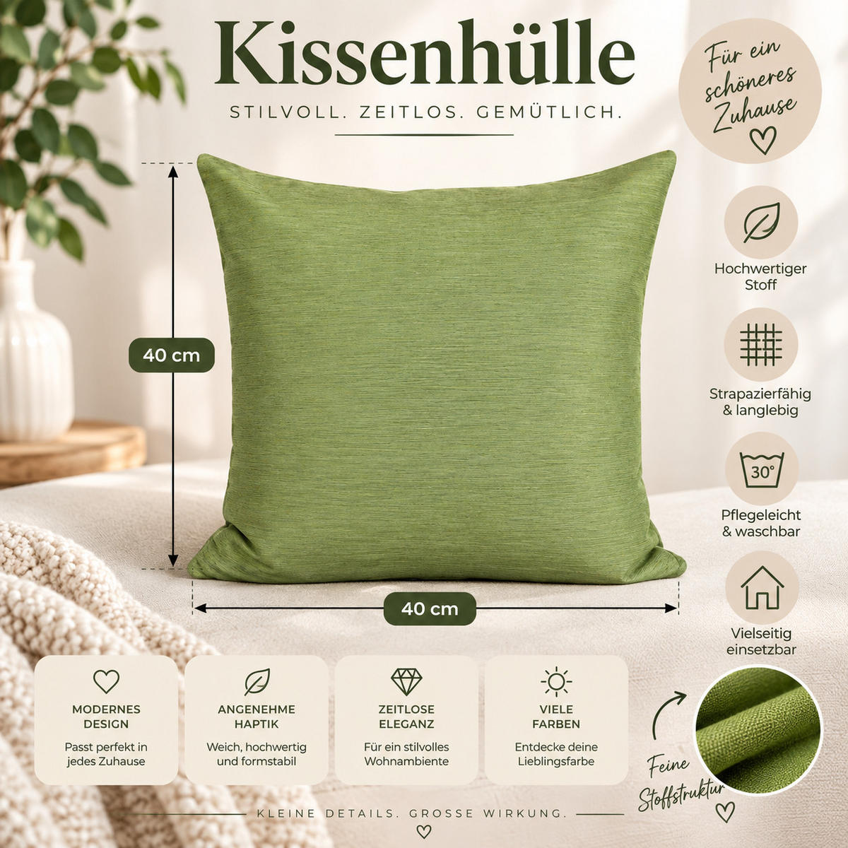 KISSENBEZUG Canada 40/40 cm meliert Grün - Grün, Textil (40/40cm) - TiborTex