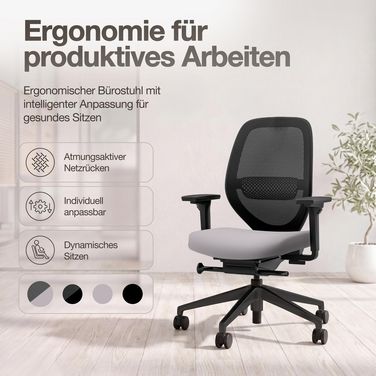 DREHSTUHL Ergonomischer Bürostuhl Atessa mit Netzrücken / Keine Hellgrau Netzrücken für Luftzirkulation - Hellgrau, Textil (62.5/99.8/45cm) - ASSMANN