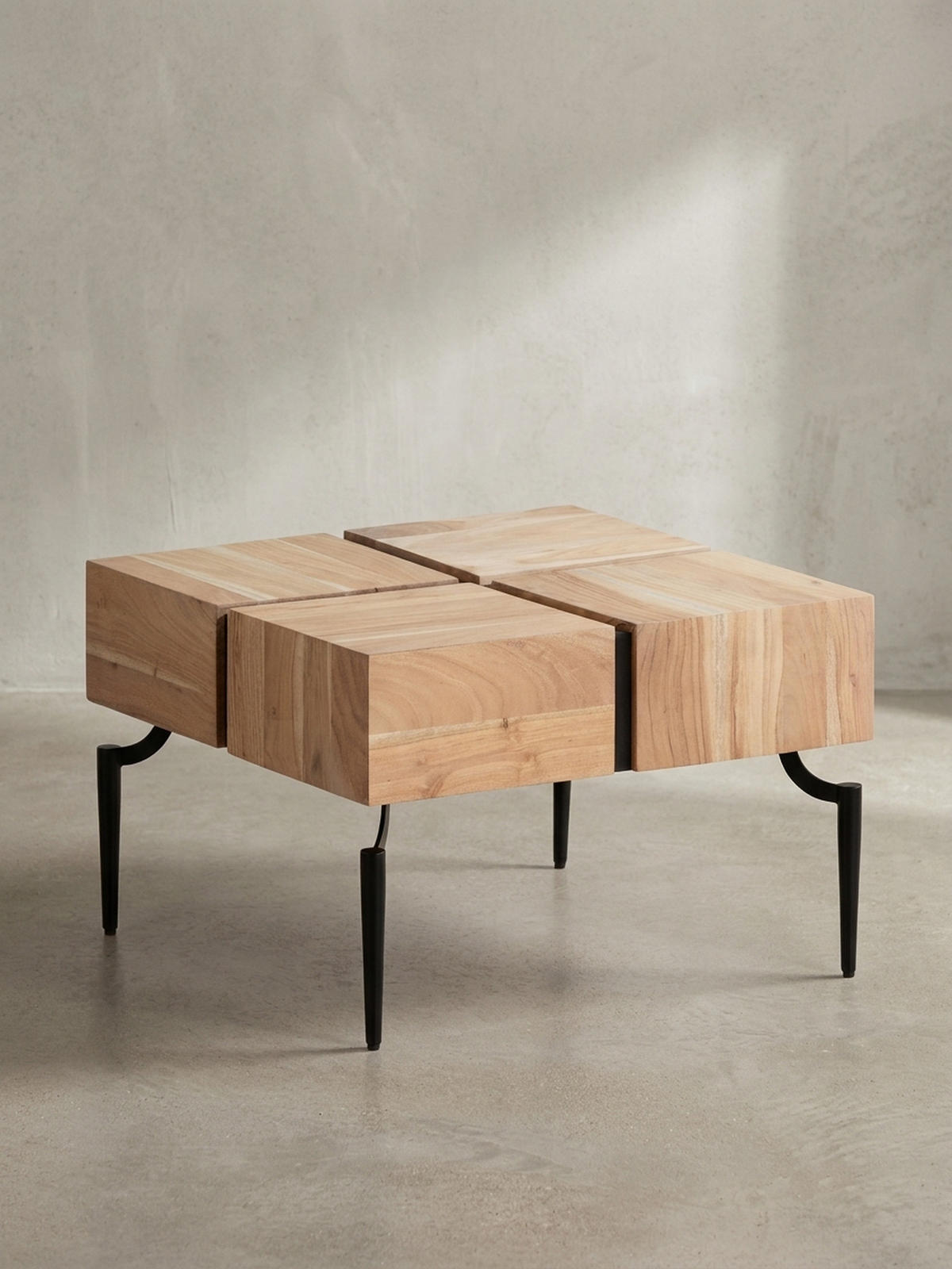 COUCHTISCH Massivholz Quadratisch Metallgestell Würfel-Form Modern, Akazie 60x60x40 cm - Schwarz/Akaziefarben, Holz/Metall (60/60/40cm) - KADIMA DESIGN