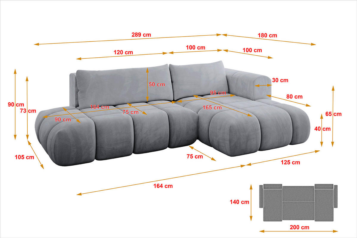 ECKSOFA Ottomane Rechts CLOUD-L 289x180x40 Hellgrau Velours - Hellgrau, Holzwerkstoff/Kunststoff (289/180cm) - ALTDECOR