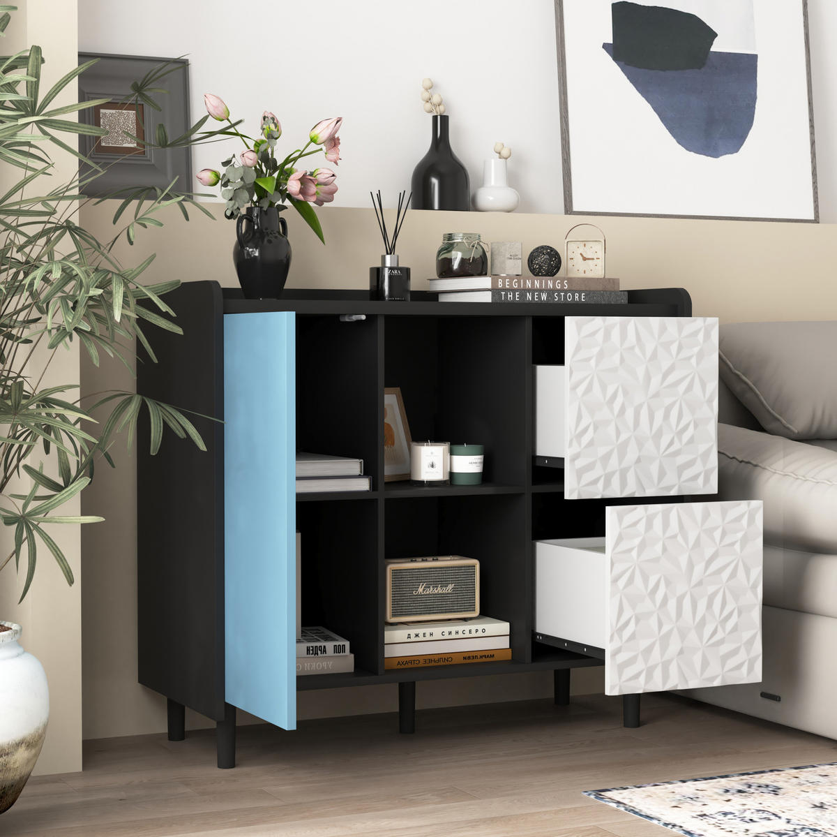 SIDEBOARD aus MDF 40x90x80 cm Schwarz/Blau mit 2 Schubladen, offenem Stauraum und Schrankfach - Schwarz, Holzwerkstoff (90/80/40cm) - Modfu
