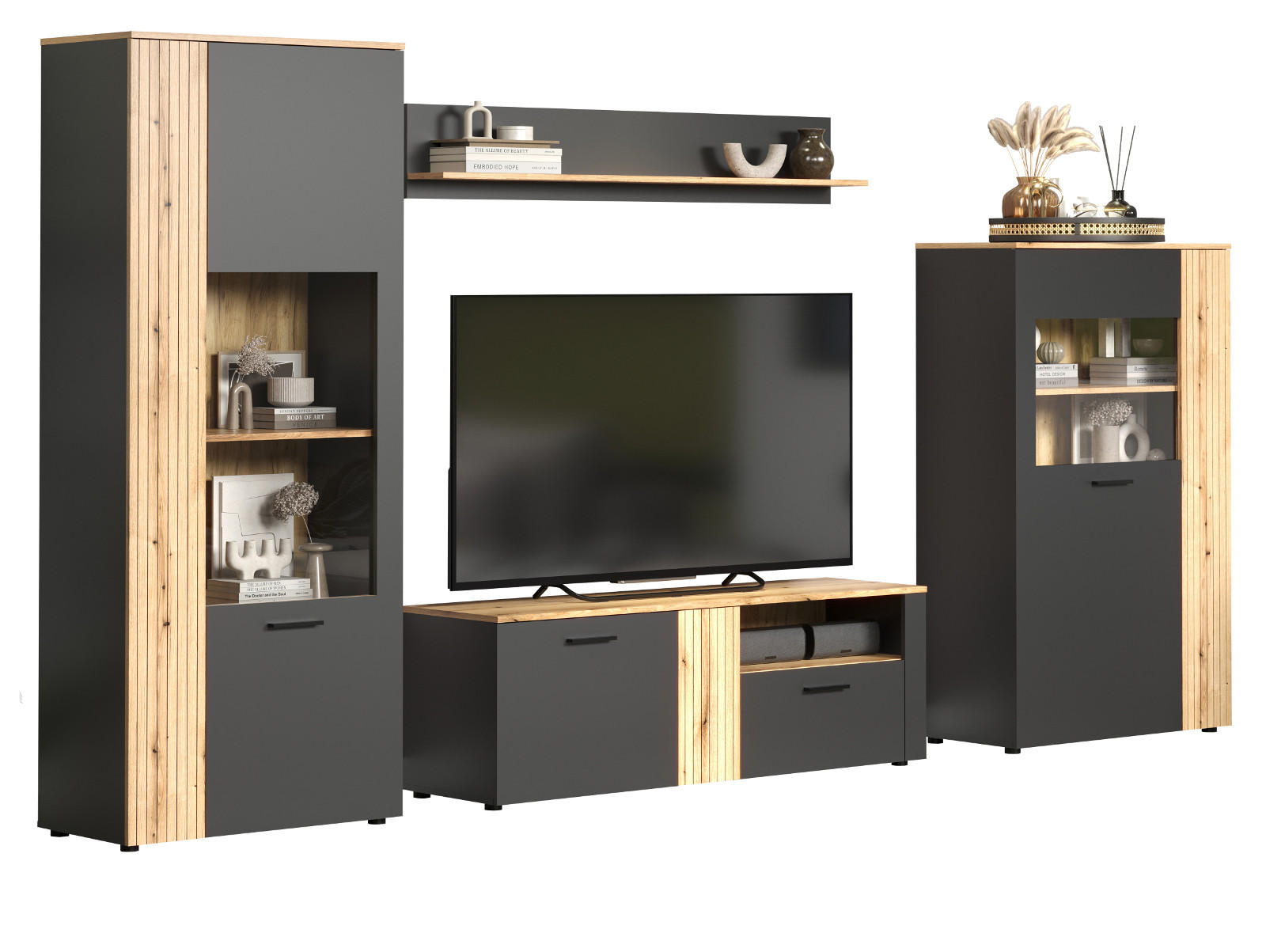 WOHNWAND grau, Evoke Eiche 4-teilig 340 cm, Schrankwand in modernem Design - Eichefarben/Anthrazit, Holzwerkstoff/Kunststoff (150/25/18cm) - Top.Furn
