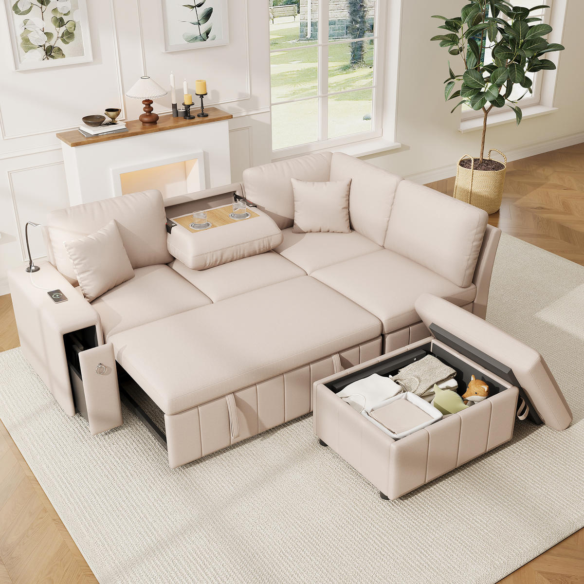 SCHLAFSOFA Beige L-Form USB Stauraum Tisch 2 Kissen - Beige, Textil (184/213cm) - FLIEKS